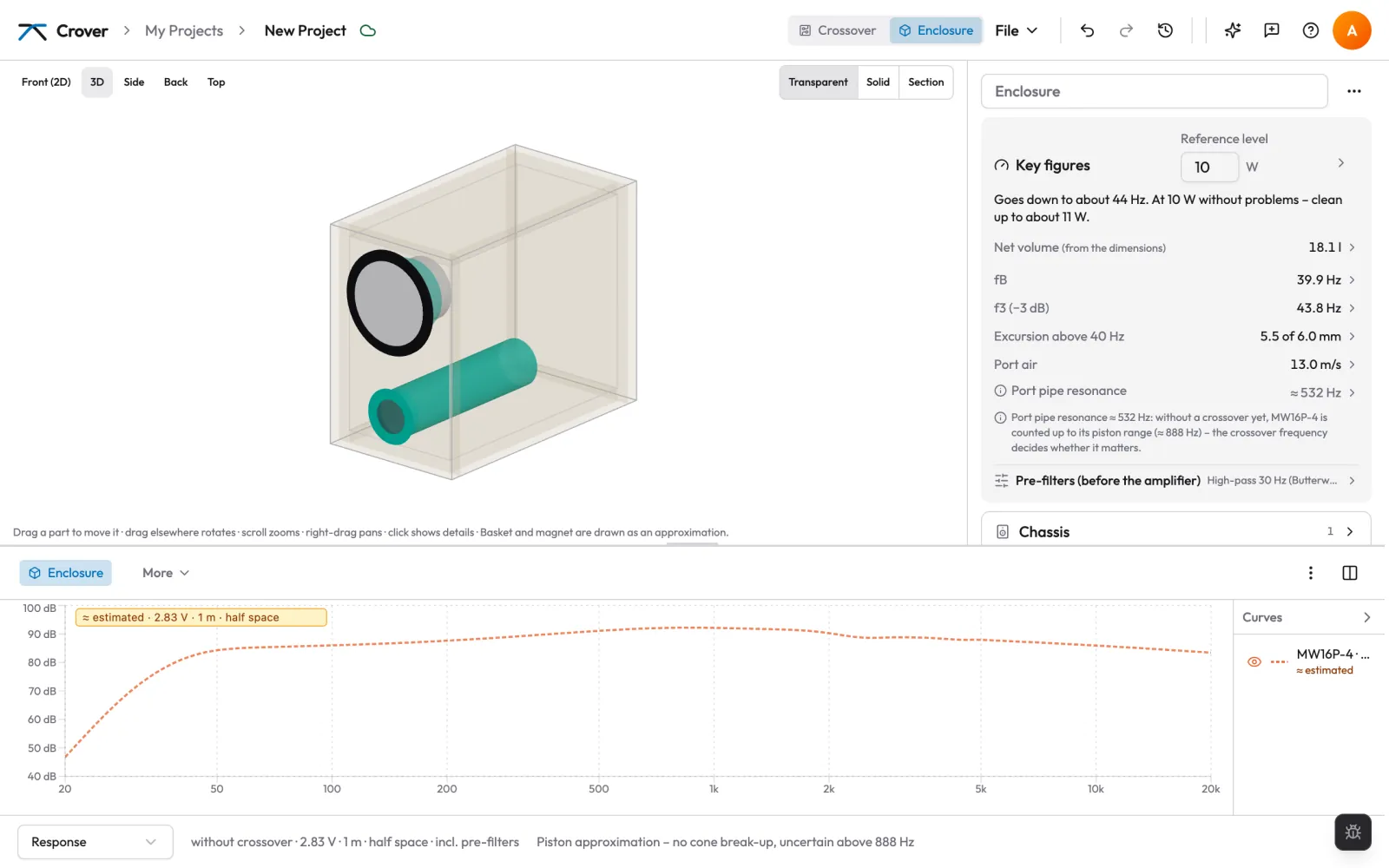 The enclosure planner: the box in 3D with chassis and port, the key figures on the right (18.1 l, fB 39.9 Hz, f3 43.8 Hz), the estimated response below