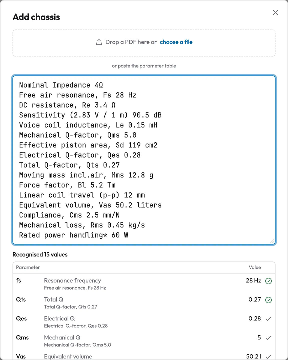 The dialog “Add chassis”, way “From a datasheet”: pasted datasheet text, below it the review table with 15 recognised values, each with the line it came from