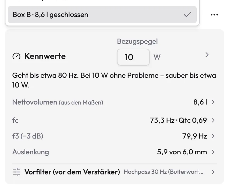 Variantenauswahl oben in der Seitenleiste mit Box A · 17,0 l Bassreflex und Box B · 8,6 l geschlossen; darunter die Kennwerte von Box B: fc 73,3 Hz, Qtc 0,69, f3 79,9 Hz