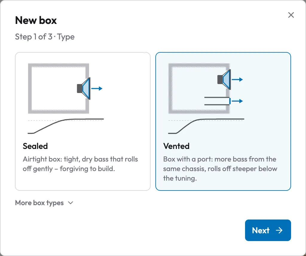 Step 1 of the “New box” wizard: sealed and vented as cross-sections with their typical response, below them “More box types”