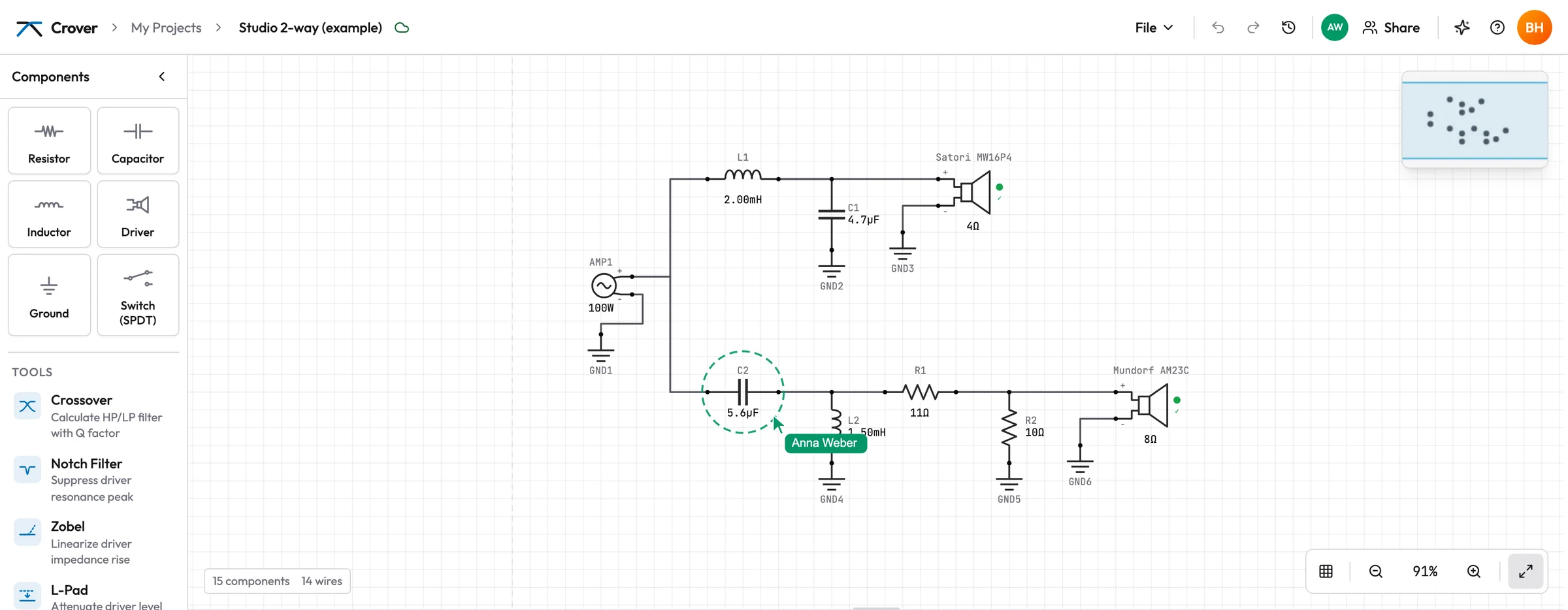 Two people in the example project: Anna's pointer and her selected capacitor C2 on Ben's screen